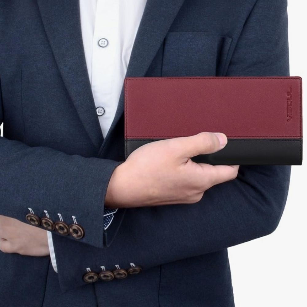 🩵⏭️NIB Black & Burgundy Italian Leather RFID Blocking Long Bi-Fold Wallet